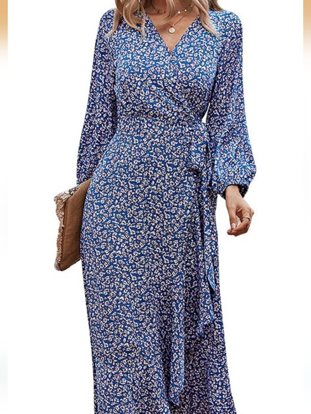 Blue Floral Long-Sleeve Wrap Midi Dress